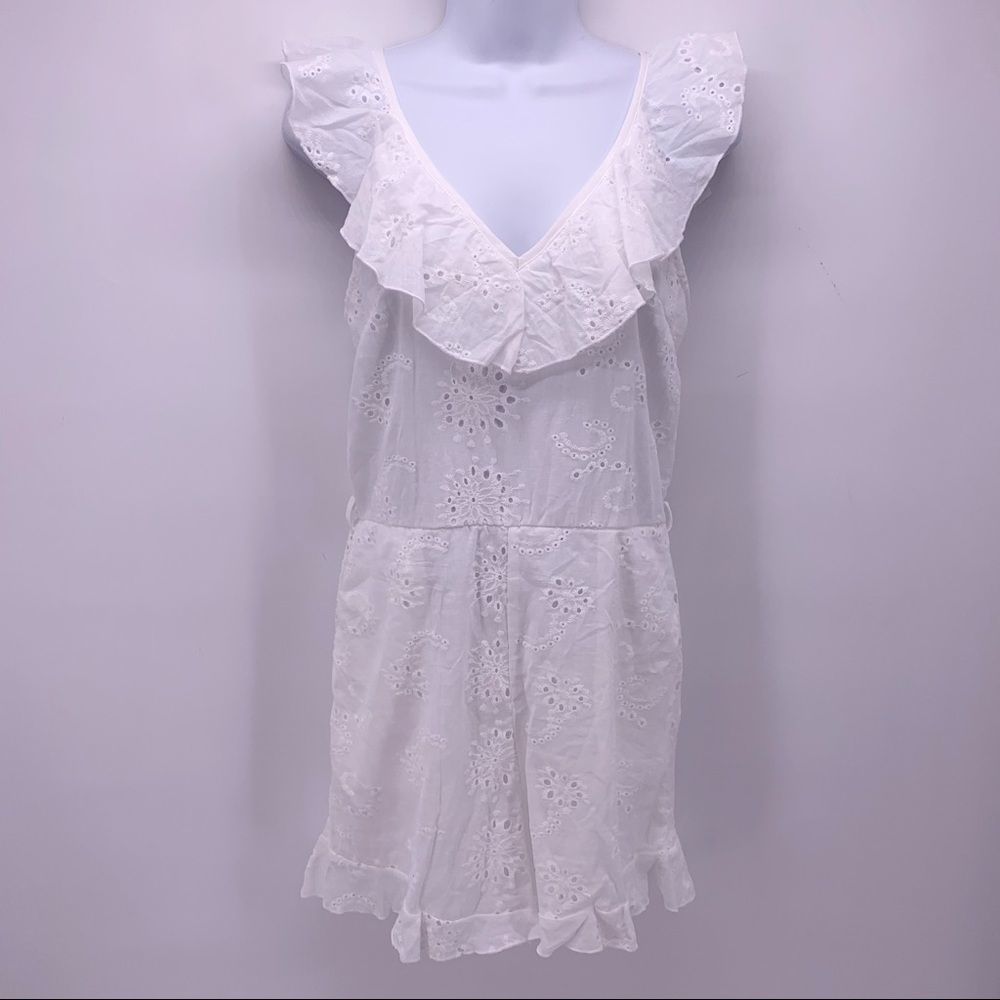 SHEIN White Eyelet Ruffled Shorts Romper Size Medium